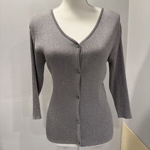 Linda Allard Ellen Tracy Button Cardigan Silver Sweater Shimmer Size Petite L